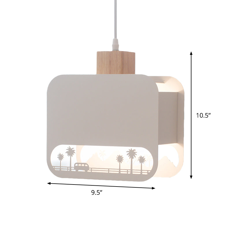 1 Bulb Kid Bedroom Hanging Light Kit Nordic White and Wood Pendant Lamp with Etched Square Iron Shade Clearhalo 'Ceiling Lights' 'Pendant Lights' 'Pendants' Lighting' 817611