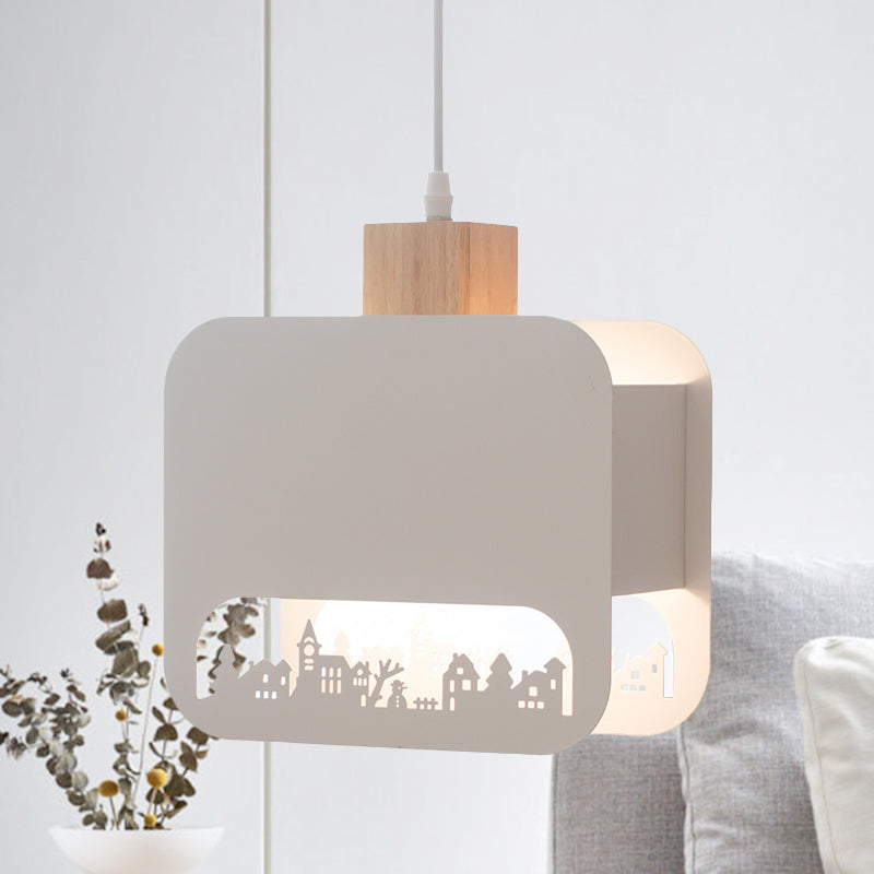 1 Bulb Kid Bedroom Hanging Light Kit Nordic White and Wood Pendant Lamp with Etched Square Iron Shade Clearhalo 'Ceiling Lights' 'Pendant Lights' 'Pendants' Lighting' 817612
