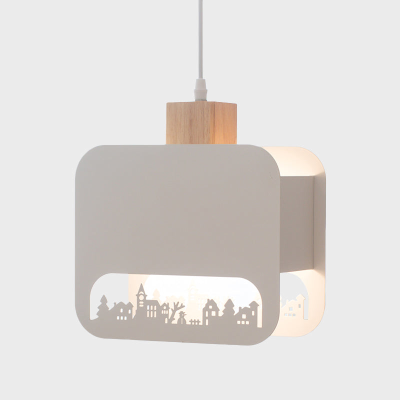 1 Bulb Kid Bedroom Hanging Light Kit Nordic White and Wood Pendant Lamp with Etched Square Iron Shade Clearhalo 'Ceiling Lights' 'Pendant Lights' 'Pendants' Lighting' 817615