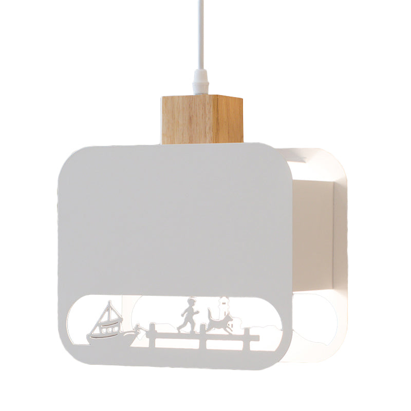 1 Bulb Kid Bedroom Hanging Light Kit Nordic White and Wood Pendant Lamp with Etched Square Iron Shade Clearhalo 'Ceiling Lights' 'Pendant Lights' 'Pendants' Lighting' 817618