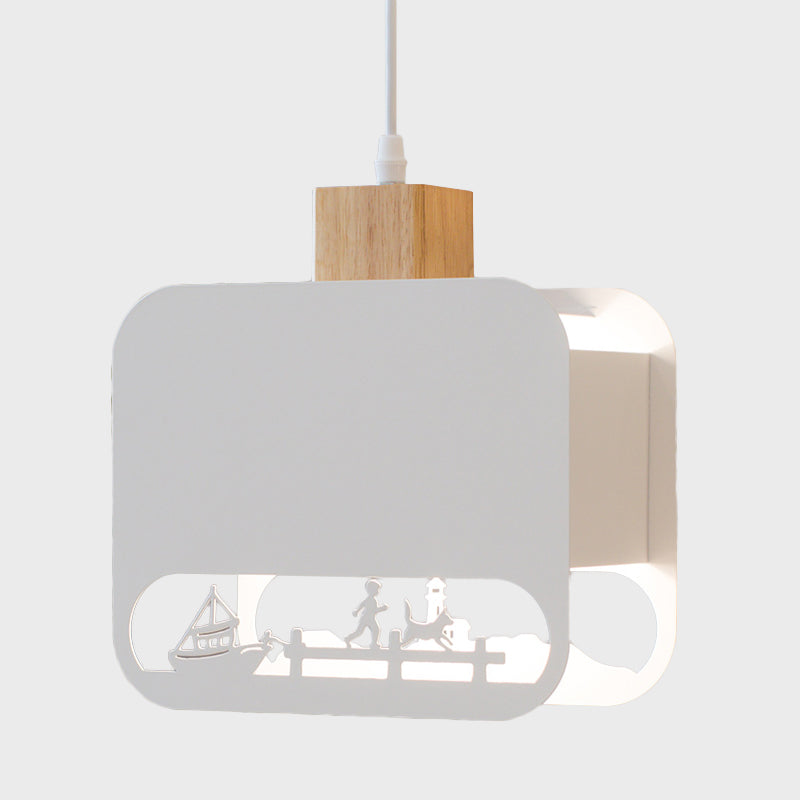 1 Bulb Kid Bedroom Hanging Light Kit Nordic White and Wood Pendant Lamp with Etched Square Iron Shade Clearhalo 'Ceiling Lights' 'Pendant Lights' 'Pendants' Lighting' 817619