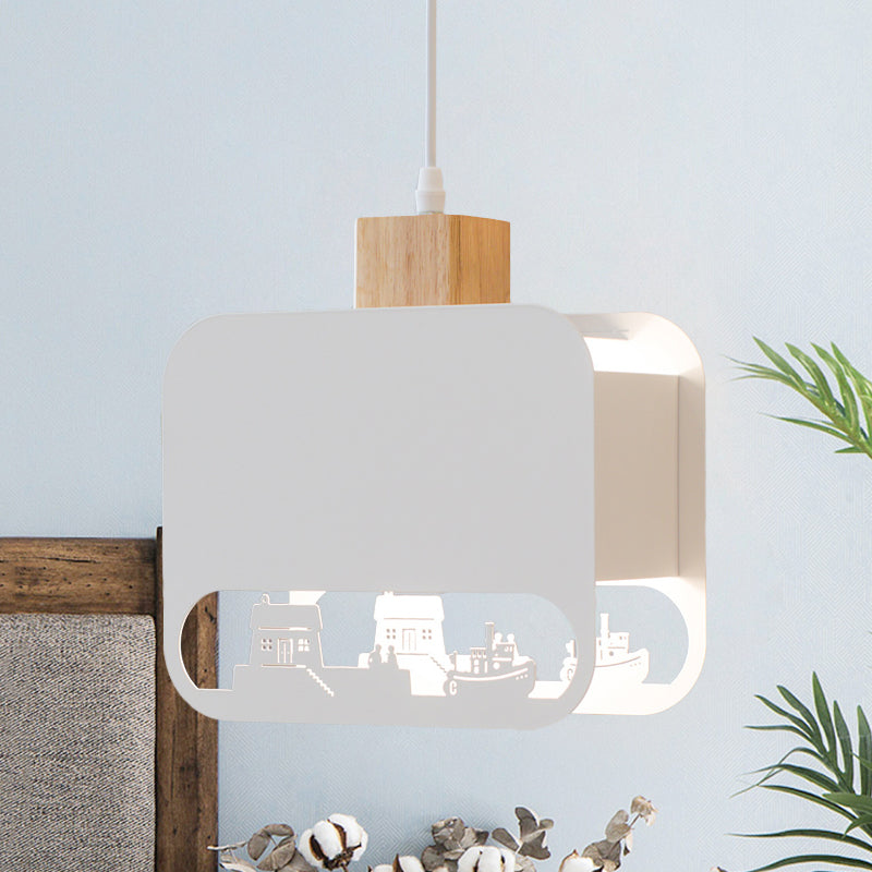 1 Bulb Kid Bedroom Hanging Light Kit Nordic White and Wood Pendant Lamp with Etched Square Iron Shade Clearhalo 'Ceiling Lights' 'Pendant Lights' 'Pendants' Lighting' 817620