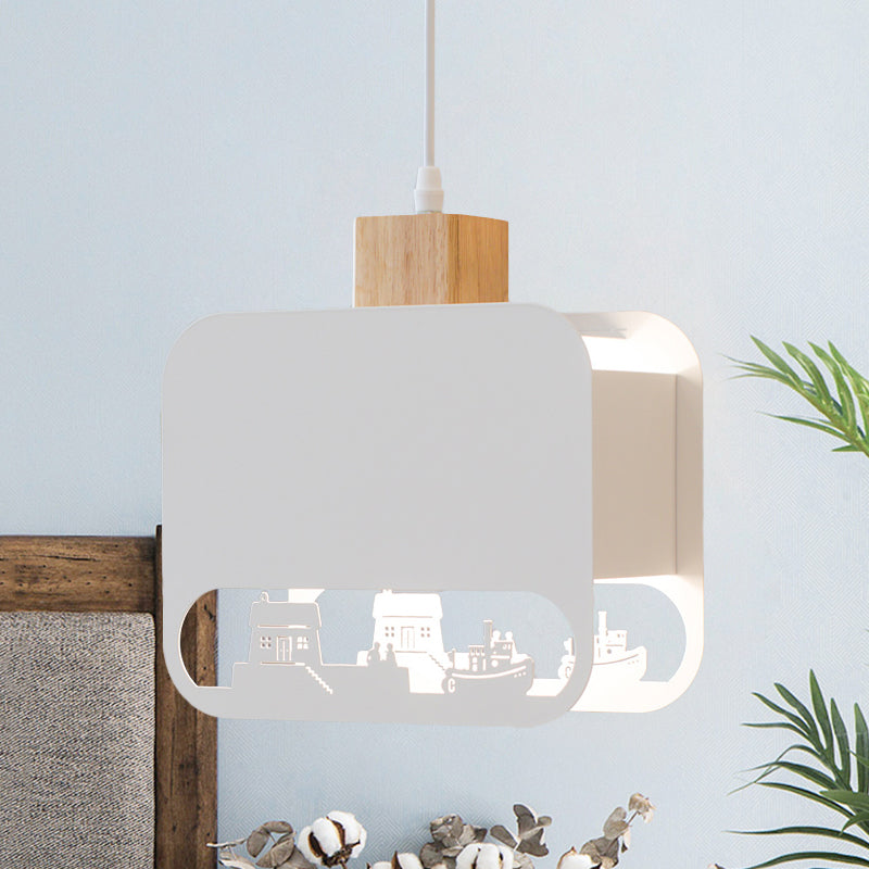 1 Bulb Kid Bedroom Hanging Light Kit Nordic White and Wood Pendant Lamp with Etched Square Iron Shade White D Clearhalo 'Ceiling Lights' 'Pendant Lights' 'Pendants' Lighting' 817620_78996596-cd9e-48fd-8886-cb36f90958e0