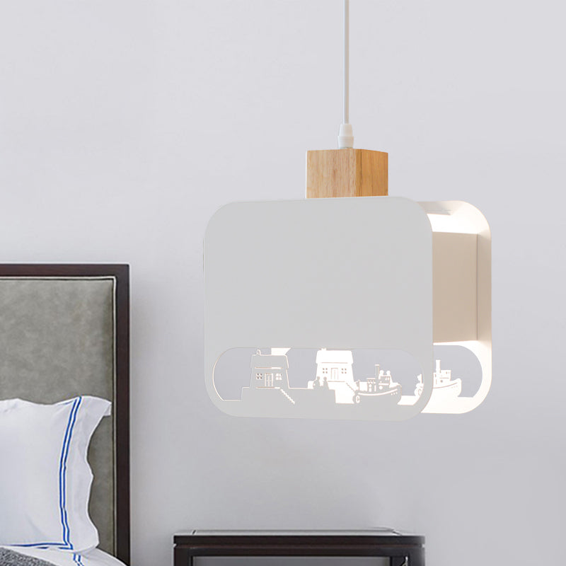 1 Bulb Kid Bedroom Hanging Light Kit Nordic White and Wood Pendant Lamp with Etched Square Iron Shade Clearhalo 'Ceiling Lights' 'Pendant Lights' 'Pendants' Lighting' 817621