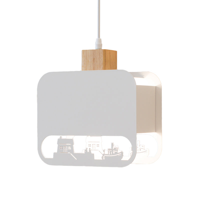 1 Bulb Kid Bedroom Hanging Light Kit Nordic White and Wood Pendant Lamp with Etched Square Iron Shade Clearhalo 'Ceiling Lights' 'Pendant Lights' 'Pendants' Lighting' 817622