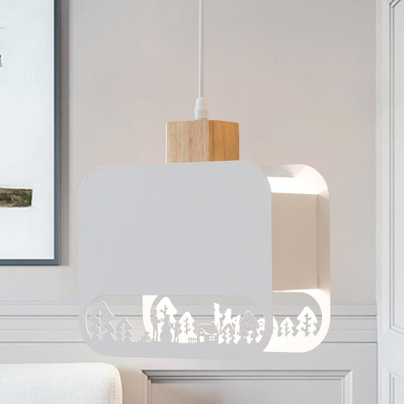 1 Bulb Kid Bedroom Hanging Light Kit Nordic White and Wood Pendant Lamp with Etched Square Iron Shade White B Clearhalo 'Ceiling Lights' 'Pendant Lights' 'Pendants' Lighting' 817624_09d61ec4-814a-440f-88bd-9aeebced355a