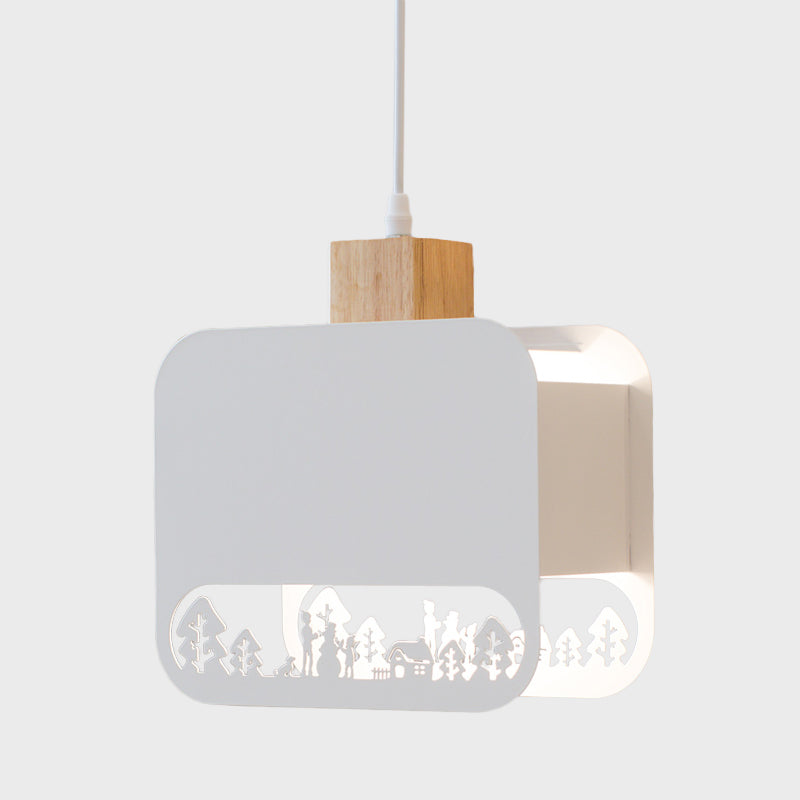 1 Bulb Kid Bedroom Hanging Light Kit Nordic White and Wood Pendant Lamp with Etched Square Iron Shade Clearhalo 'Ceiling Lights' 'Pendant Lights' 'Pendants' Lighting' 817627