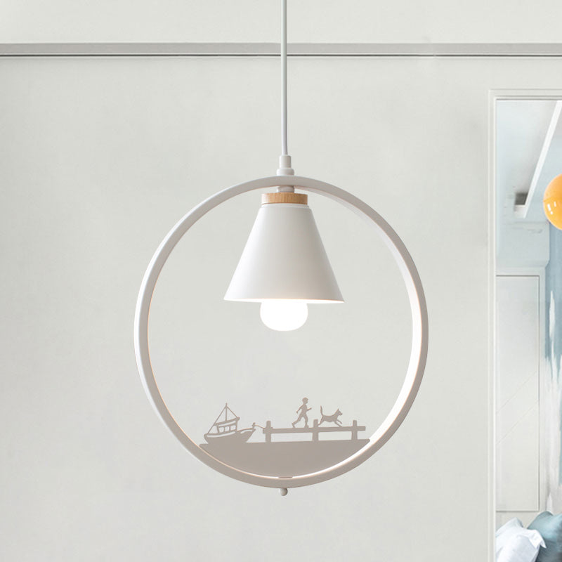 Iron Cone Shade Pendant Lamp Nordic 1 Bulb Black/White Hanging Light Fixture with Paper Cutting Decoration Clearhalo 'Ceiling Lights' 'Pendant Lights' 'Pendants' Lighting' 817653