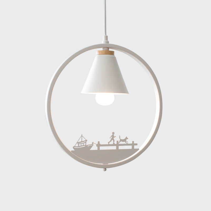 Iron Cone Shade Pendant Lamp Nordic 1 Bulb Black/White Hanging Light Fixture with Paper Cutting Decoration Clearhalo 'Ceiling Lights' 'Pendant Lights' 'Pendants' Lighting' 817655