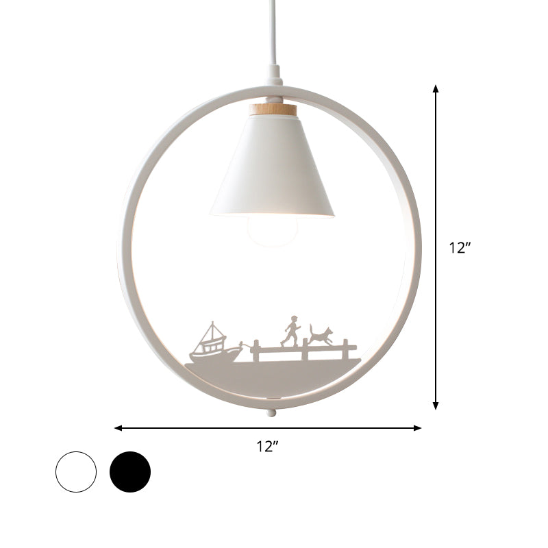 Iron Cone Shade Pendant Lamp Nordic 1 Bulb Black/White Hanging Light Fixture with Paper Cutting Decoration Clearhalo 'Ceiling Lights' 'Pendant Lights' 'Pendants' Lighting' 817656