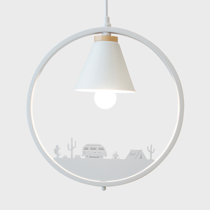 Iron Cone Shade Pendant Lamp Nordic 1 Bulb Black/White Hanging Light Fixture with Paper Cutting Decoration Clearhalo 'Ceiling Lights' 'Pendant Lights' 'Pendants' Lighting' 817660