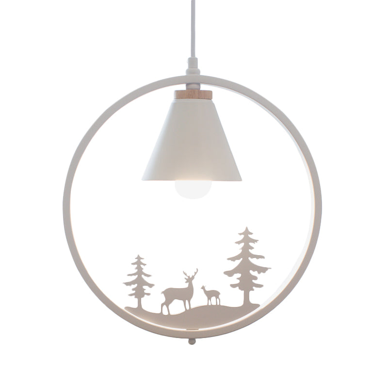 Iron Cone Shade Pendant Lamp Nordic 1 Bulb Black/White Hanging Light Fixture with Paper Cutting Decoration Clearhalo 'Ceiling Lights' 'Pendant Lights' 'Pendants' Lighting' 817663