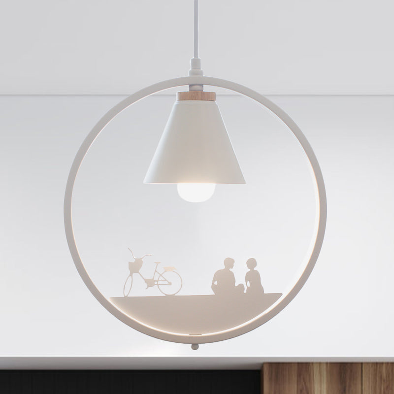 Iron Cone Shade Pendant Lamp Nordic 1 Bulb Black/White Hanging Light Fixture with Paper Cutting Decoration Clearhalo 'Ceiling Lights' 'Pendant Lights' 'Pendants' Lighting' 817665