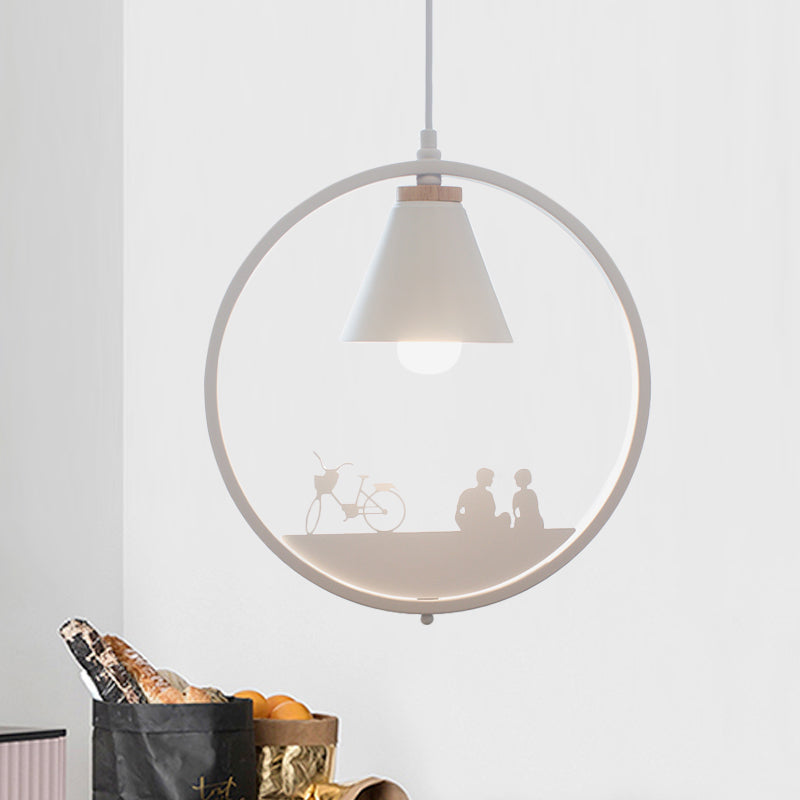 Iron Cone Shade Pendant Lamp Nordic 1 Bulb Black/White Hanging Light Fixture with Paper Cutting Decoration Clearhalo 'Ceiling Lights' 'Pendant Lights' 'Pendants' Lighting' 817666