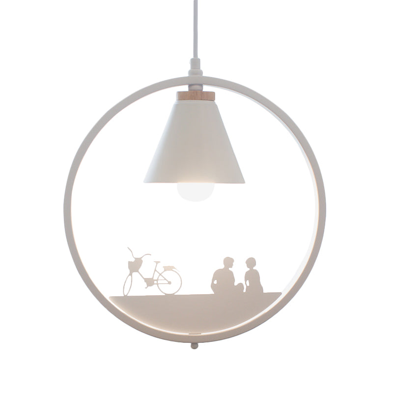 Iron Cone Shade Pendant Lamp Nordic 1 Bulb Black/White Hanging Light Fixture with Paper Cutting Decoration Clearhalo 'Ceiling Lights' 'Pendant Lights' 'Pendants' Lighting' 817667