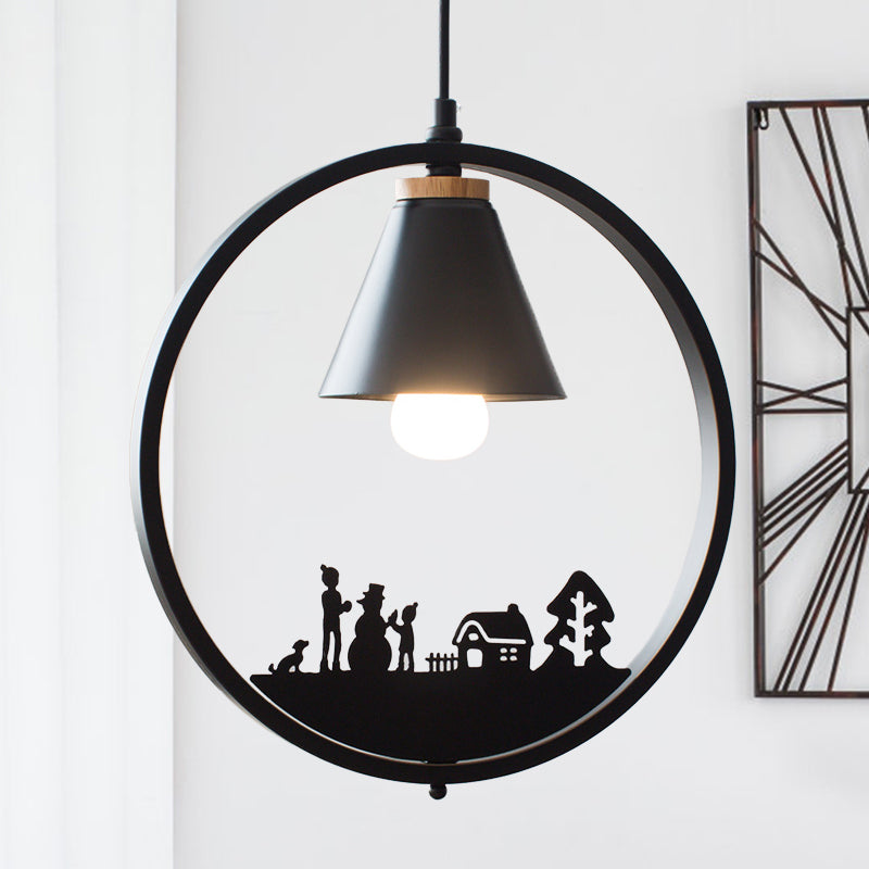 Iron Cone Shade Pendant Lamp Nordic 1 Bulb Black/White Hanging Light Fixture with Paper Cutting Decoration Clearhalo 'Ceiling Lights' 'Pendant Lights' 'Pendants' Lighting' 817669