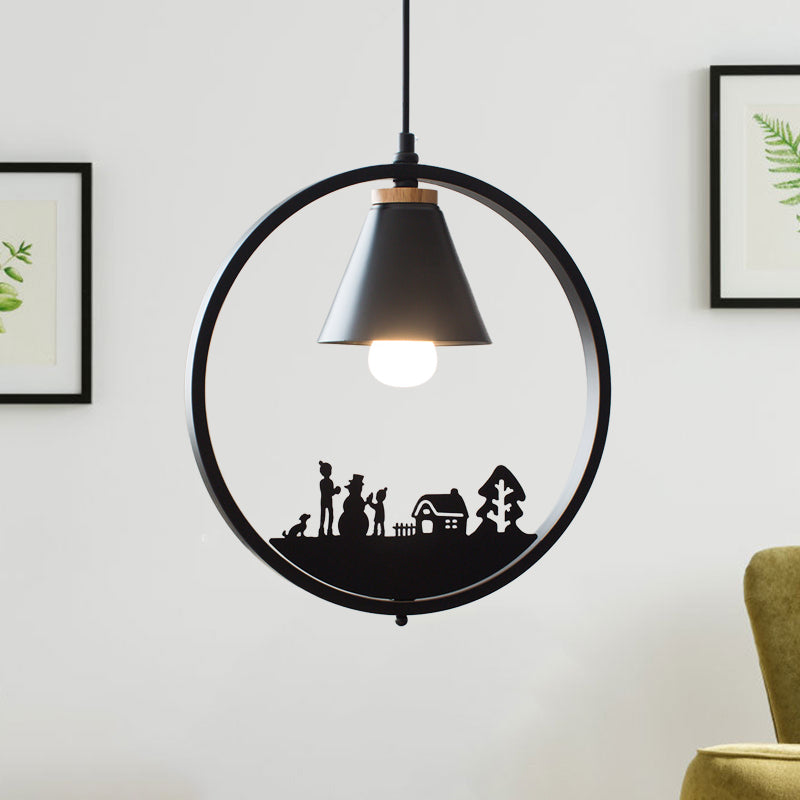 Iron Cone Shade Pendant Lamp Nordic 1 Bulb Black/White Hanging Light Fixture with Paper Cutting Decoration Clearhalo 'Ceiling Lights' 'Pendant Lights' 'Pendants' Lighting' 817670