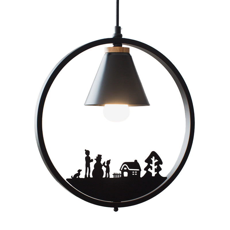 Iron Cone Shade Pendant Lamp Nordic 1 Bulb Black/White Hanging Light Fixture with Paper Cutting Decoration Clearhalo 'Ceiling Lights' 'Pendant Lights' 'Pendants' Lighting' 817671