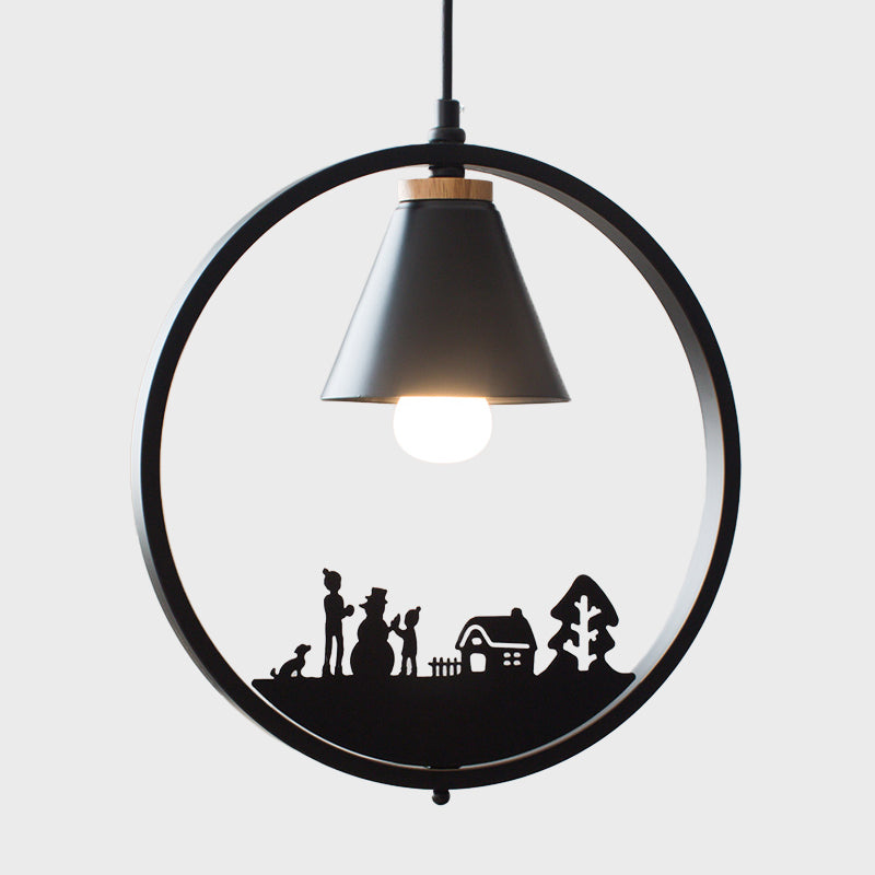 Iron Cone Shade Pendant Lamp Nordic 1 Bulb Black/White Hanging Light Fixture with Paper Cutting Decoration Clearhalo 'Ceiling Lights' 'Pendant Lights' 'Pendants' Lighting' 817672