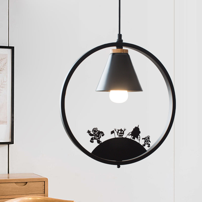 Iron Cone Shade Pendant Lamp Nordic 1 Bulb Black/White Hanging Light Fixture with Paper Cutting Decoration Clearhalo 'Ceiling Lights' 'Pendant Lights' 'Pendants' Lighting' 817674