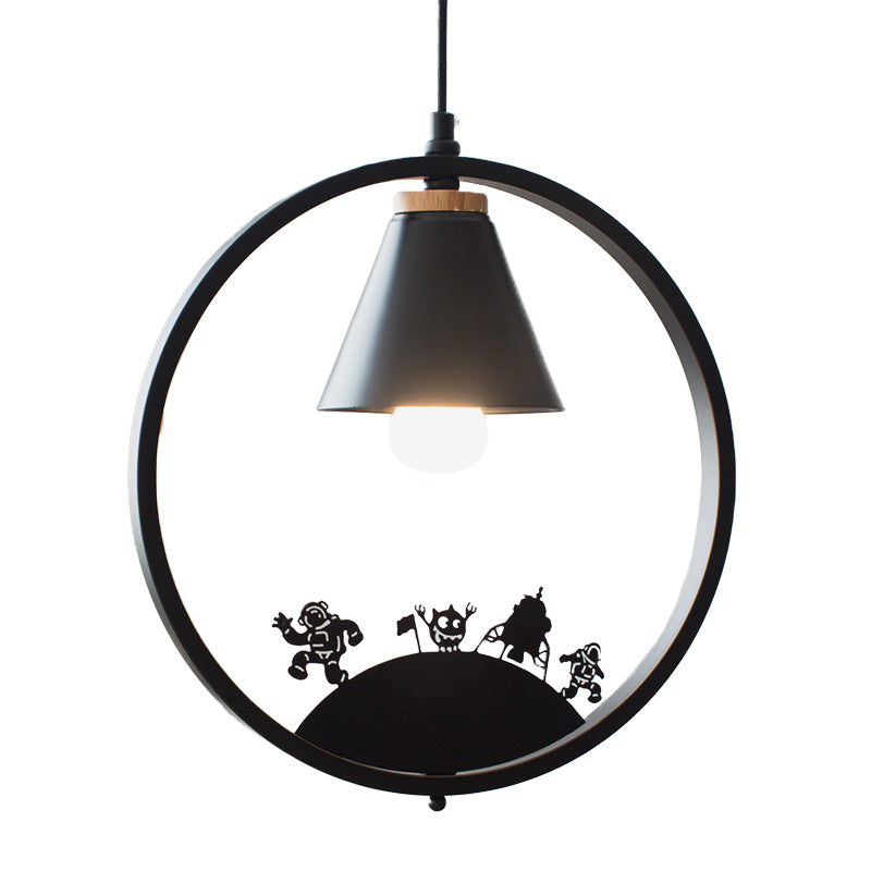 Iron Cone Shade Pendant Lamp Nordic 1 Bulb Black/White Hanging Light Fixture with Paper Cutting Decoration Clearhalo 'Ceiling Lights' 'Pendant Lights' 'Pendants' Lighting' 817675