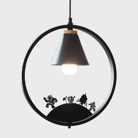 Iron Cone Shade Pendant Lamp Nordic 1 Bulb Black/White Hanging Light Fixture with Paper Cutting Decoration Clearhalo 'Ceiling Lights' 'Pendant Lights' 'Pendants' Lighting' 817676