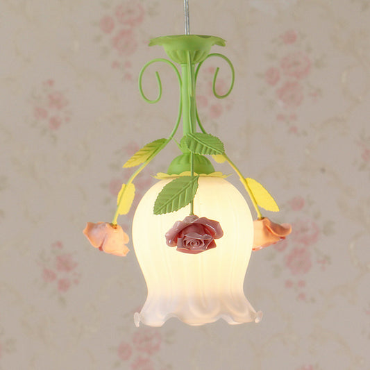 Pink 1 Head Hanging Ceiling Light Rural Opal Glass Scallop Suspension Pendant with Flowers Deco Pink Clearhalo 'Ceiling Lights' 'Glass shade' 'Glass' 'Pendant Lights' 'Pendants' Lighting' 817685