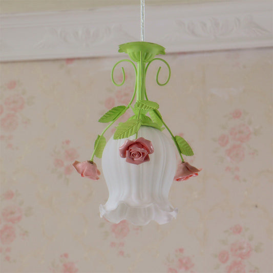 Pink 1 Head Hanging Ceiling Light Rural Opal Glass Scallop Suspension Pendant with Flowers Deco Clearhalo 'Ceiling Lights' 'Glass shade' 'Glass' 'Pendant Lights' 'Pendants' Lighting' 817686