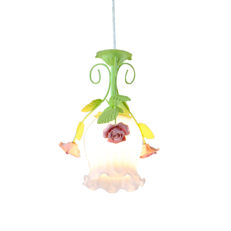 Pink 1 Head Hanging Ceiling Light Rural Opal Glass Scallop Suspension Pendant with Flowers Deco Clearhalo 'Ceiling Lights' 'Glass shade' 'Glass' 'Pendant Lights' 'Pendants' Lighting' 817687