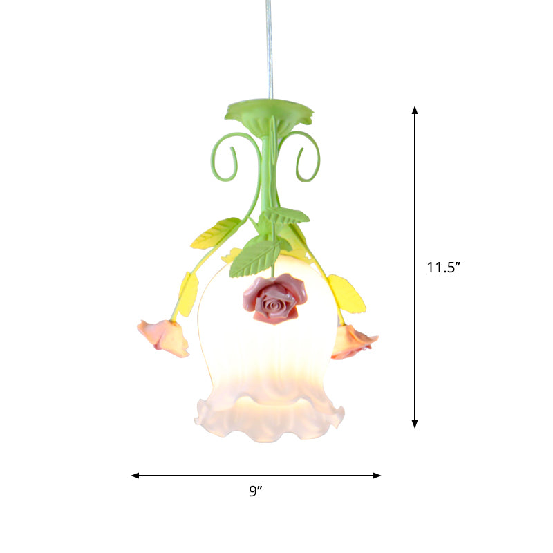 Pink 1 Head Hanging Ceiling Light Rural Opal Glass Scallop Suspension Pendant with Flowers Deco Clearhalo 'Ceiling Lights' 'Glass shade' 'Glass' 'Pendant Lights' 'Pendants' Lighting' 817688