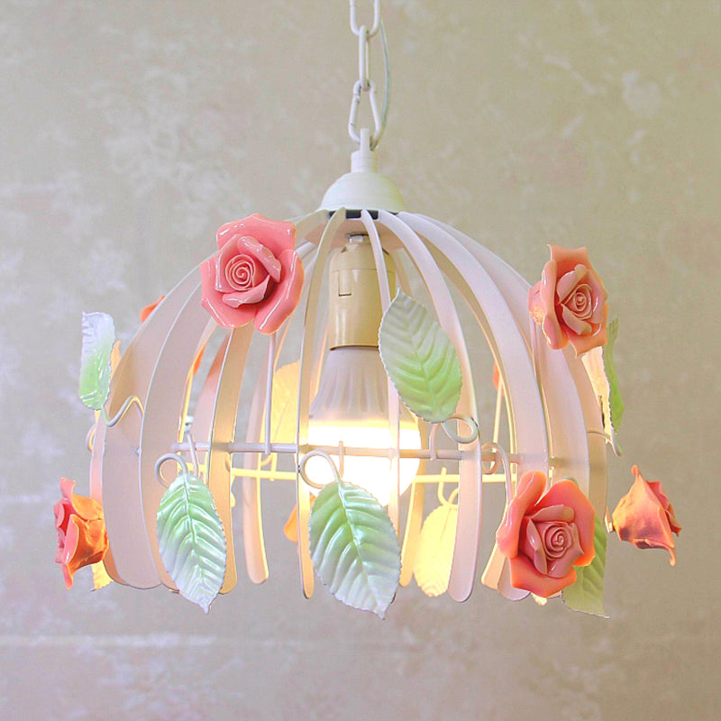 Dome Dining Room Pendant Light Rustic Metal 1 Head Pink Hanging Lamp Kit with Flowers and Leaves Deco Clearhalo 'Ceiling Lights' 'Pendant Lights' 'Pendants' Lighting' 817689