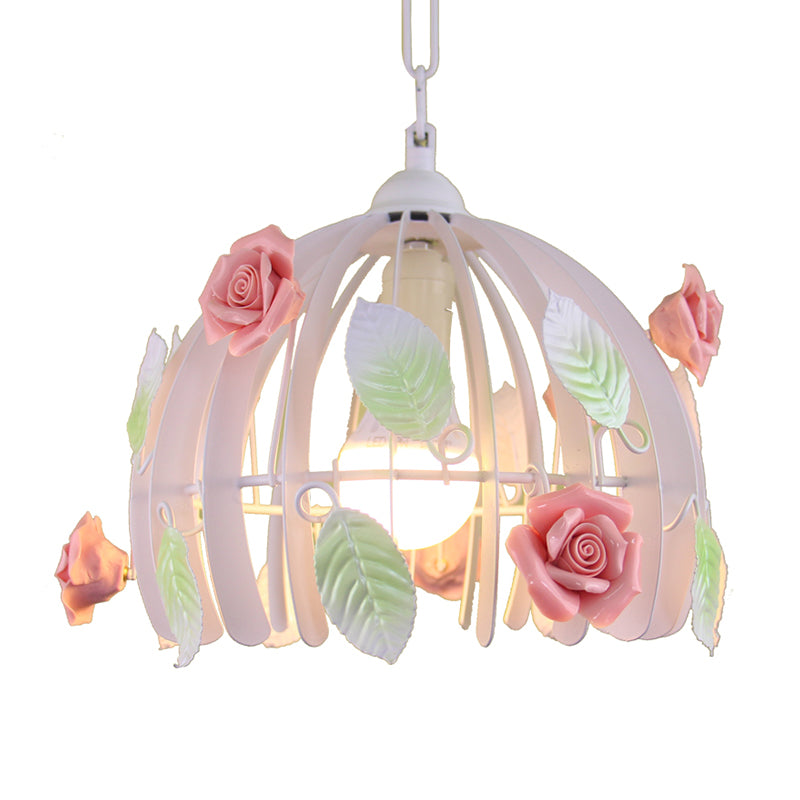 Dome Dining Room Pendant Light Rustic Metal 1 Head Pink Hanging Lamp Kit with Flowers and Leaves Deco Clearhalo 'Ceiling Lights' 'Pendant Lights' 'Pendants' Lighting' 817691