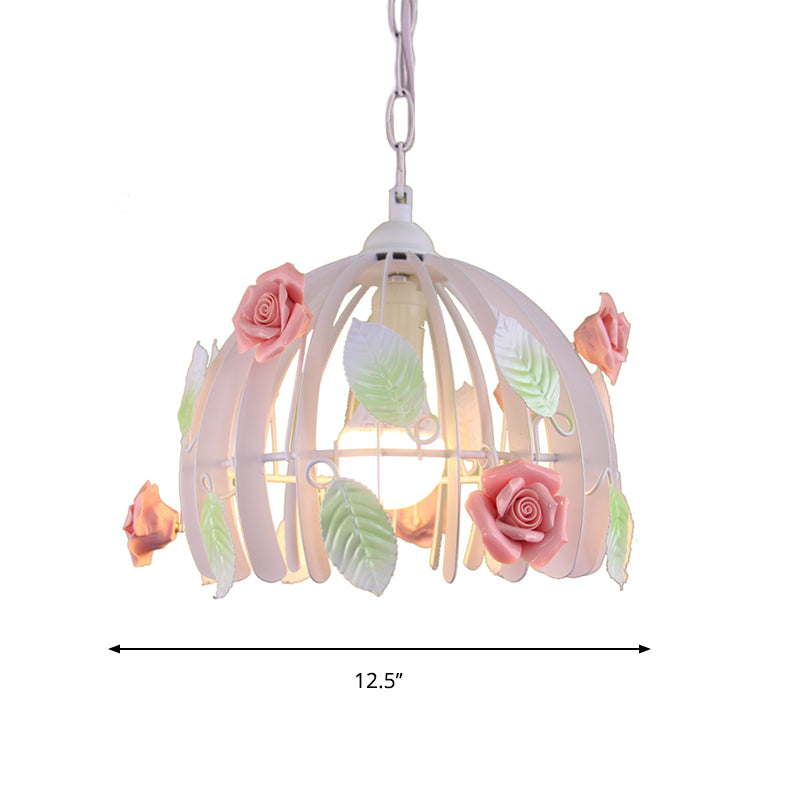 Dome Dining Room Pendant Light Rustic Metal 1 Head Pink Hanging Lamp Kit with Flowers and Leaves Deco Clearhalo 'Ceiling Lights' 'Pendant Lights' 'Pendants' Lighting' 817692