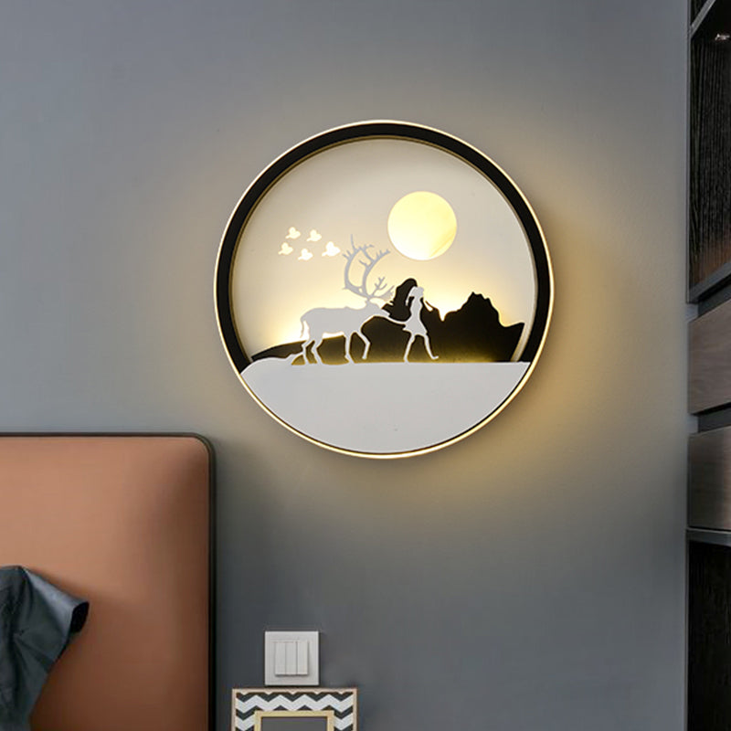 Metal Round Wall Lighting Idea Modernist LED Black Wall Lamp Sconce with Deer and Girl/Eagle/Windmill Design Black A Clearhalo 'Wall Lamps & Sconces' 'Wall Lights' Lighting' 817713