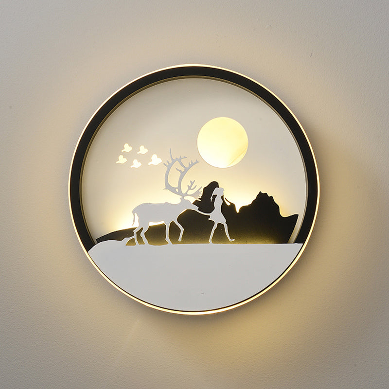 Metal Round Wall Lighting Idea Modernist LED Black Wall Lamp Sconce with Deer and Girl/Eagle/Windmill Design Clearhalo 'Wall Lamps & Sconces' 'Wall Lights' Lighting' 817715