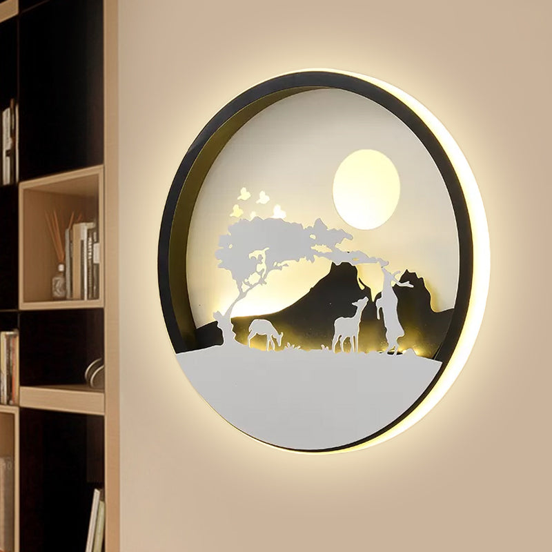 Metal Round Wall Lighting Idea Modernist LED Black Wall Lamp Sconce with Deer and Girl/Eagle/Windmill Design Black C Clearhalo 'Wall Lamps & Sconces' 'Wall Lights' Lighting' 817717