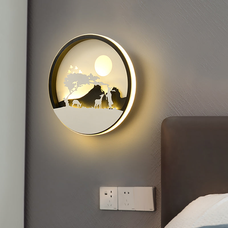 Metal Round Wall Lighting Idea Modernist LED Black Wall Lamp Sconce with Deer and Girl/Eagle/Windmill Design Clearhalo 'Wall Lamps & Sconces' 'Wall Lights' Lighting' 817718