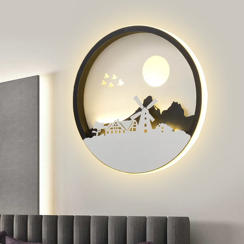 Metal Round Wall Lighting Idea Modernist LED Black Wall Lamp Sconce with Deer and Girl/Eagle/Windmill Design Black D Clearhalo 'Wall Lamps & Sconces' 'Wall Lights' Lighting' 817721