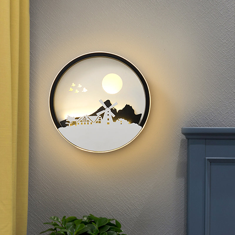 Metal Round Wall Lighting Idea Modernist LED Black Wall Lamp Sconce with Deer and Girl/Eagle/Windmill Design Clearhalo 'Wall Lamps & Sconces' 'Wall Lights' Lighting' 817722