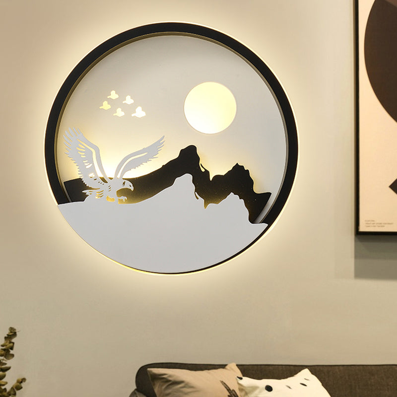 Metal Round Wall Lighting Idea Modernist LED Black Wall Lamp Sconce with Deer and Girl/Eagle/Windmill Design Black B Clearhalo 'Wall Lamps & Sconces' 'Wall Lights' Lighting' 817725