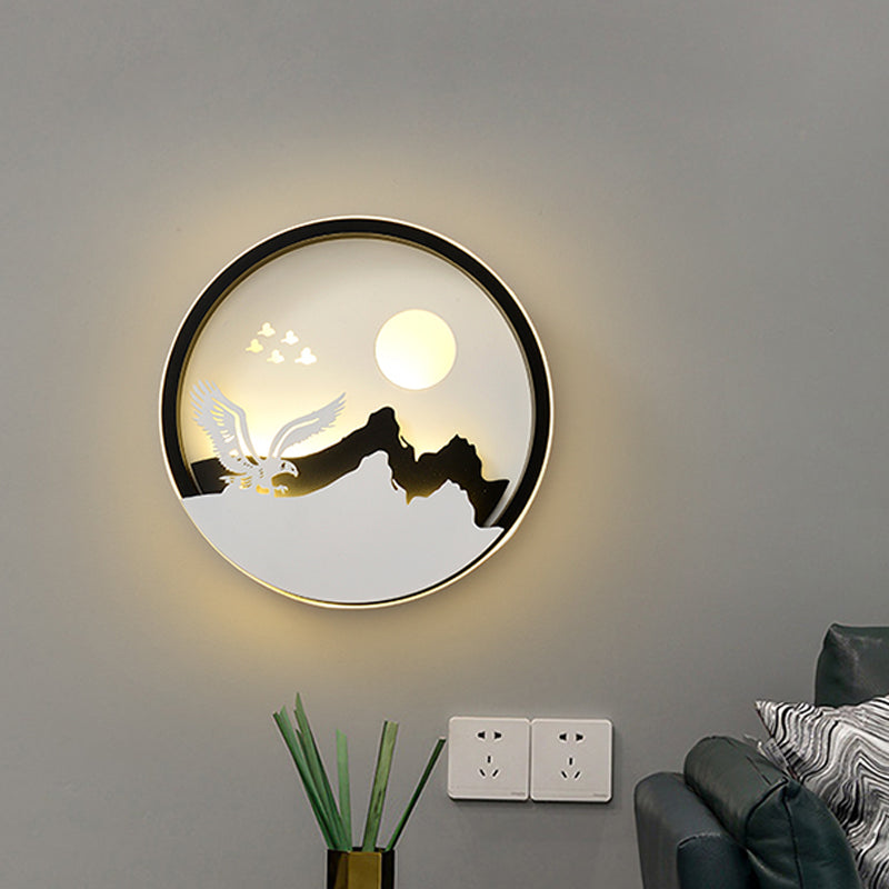 Metal Round Wall Lighting Idea Modernist LED Black Wall Lamp Sconce with Deer and Girl/Eagle/Windmill Design Clearhalo 'Wall Lamps & Sconces' 'Wall Lights' Lighting' 817726