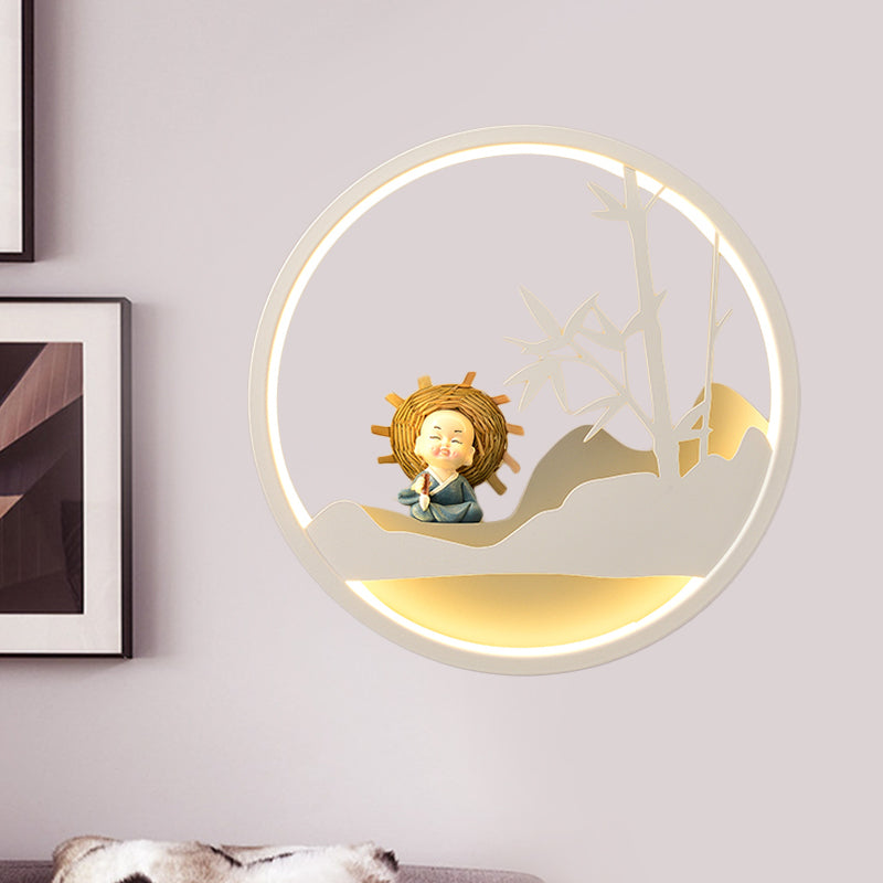 White Cloud Wall Sconce Lighting Contemporary LED Acrylic Ring Wall Lamp Fixture with Girl/Bear/Little Monk Deco White D Clearhalo 'Wall Lamps & Sconces' 'Wall Lights' Lighting' 817733