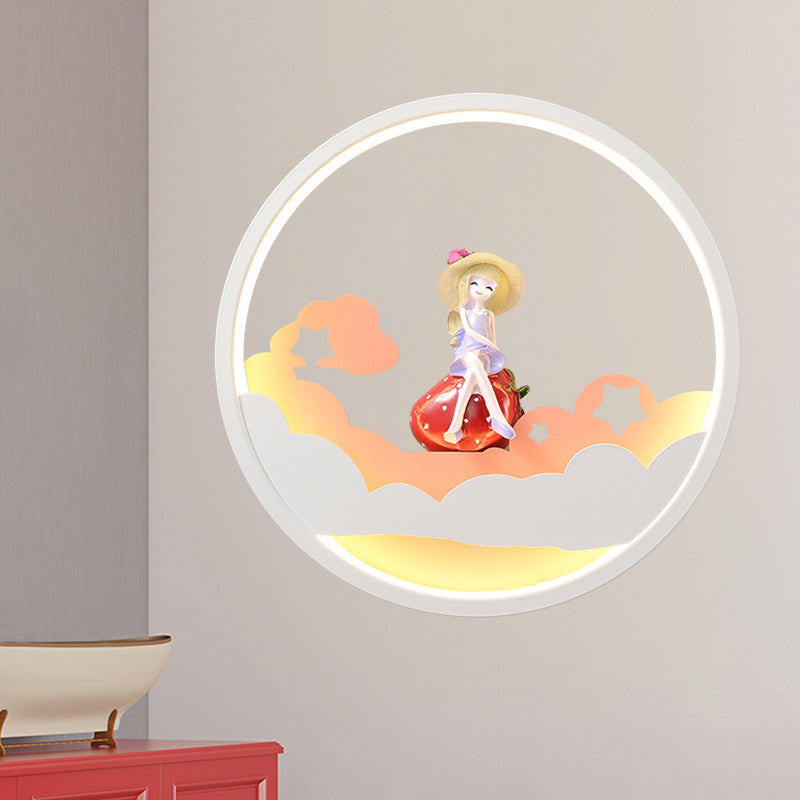 White Cloud Wall Sconce Lighting Contemporary LED Acrylic Ring Wall Lamp Fixture with Girl/Bear/Little Monk Deco White A Clearhalo 'Wall Lamps & Sconces' 'Wall Lights' Lighting' 817737