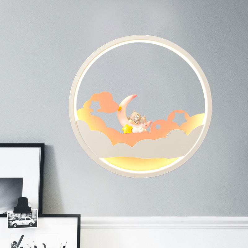 White Cloud Wall Sconce Lighting Contemporary LED Acrylic Ring Wall Lamp Fixture with Girl/Bear/Little Monk Deco White B Clearhalo 'Wall Lamps & Sconces' 'Wall Lights' Lighting' 817741