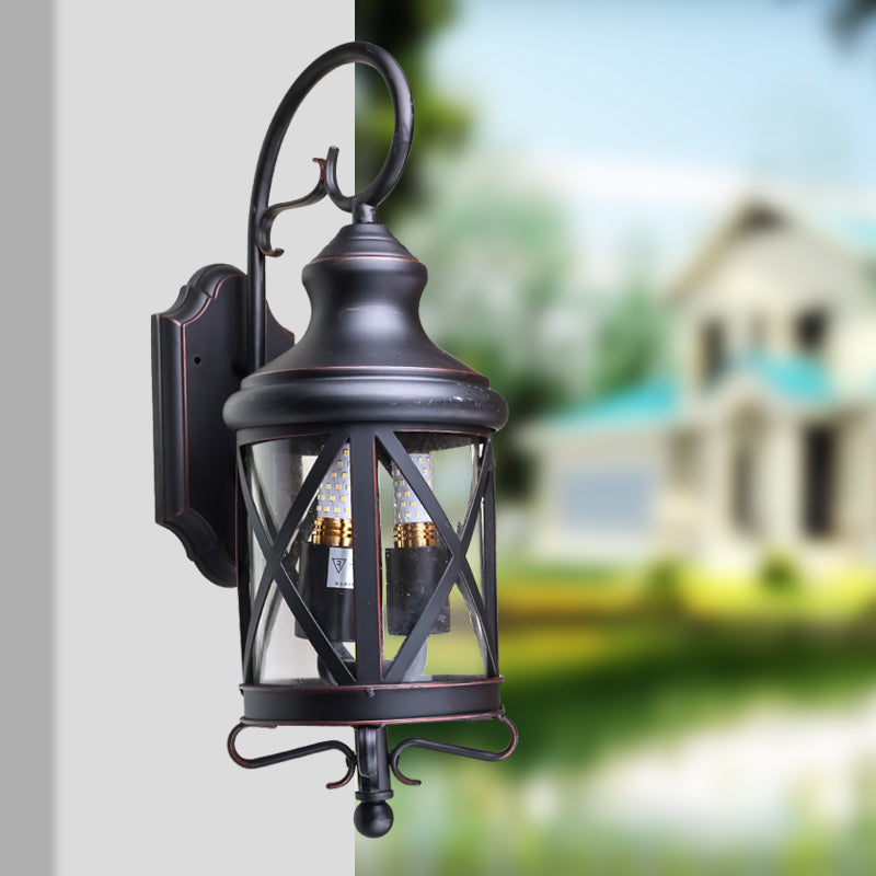 Iron Black Wall Lighting Fixture Lantern 2 Bulbs Rural Wall Sconce with Clear Glass Shade Clearhalo 'Wall Lamps & Sconces' 'Wall Lights' Lighting' 817762