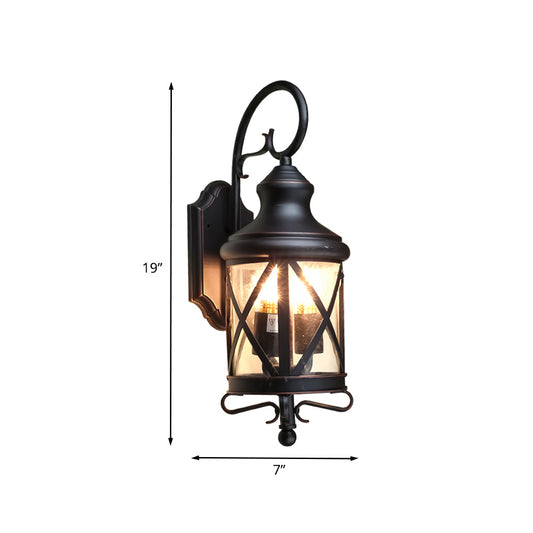 Iron Black Wall Lighting Fixture Lantern 2 Bulbs Rural Wall Sconce with Clear Glass Shade Clearhalo 'Wall Lamps & Sconces' 'Wall Lights' Lighting' 817764