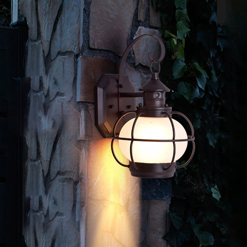 Coffee/Bronze Lantern Wall Light Retro White/Clear Glass 1 Head Outdoor Wall Lighting with Wire Cage Coffee White Clearhalo 'Wall Lamps & Sconces' 'Wall Lights' Lighting' 817769