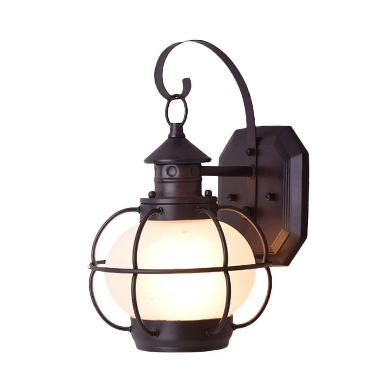 Coffee/Bronze Lantern Wall Light Retro White/Clear Glass 1 Head Outdoor Wall Lighting with Wire Cage Clearhalo 'Wall Lamps & Sconces' 'Wall Lights' Lighting' 817770