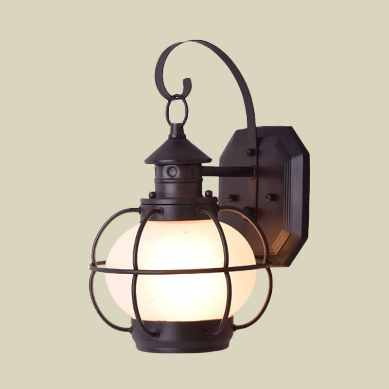 Coffee/Bronze Lantern Wall Light Retro White/Clear Glass 1 Head Outdoor Wall Lighting with Wire Cage Clearhalo 'Wall Lamps & Sconces' 'Wall Lights' Lighting' 817771