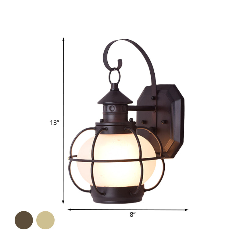 Coffee/Bronze Lantern Wall Light Retro White/Clear Glass 1 Head Outdoor Wall Lighting with Wire Cage Clearhalo 'Wall Lamps & Sconces' 'Wall Lights' Lighting' 817772